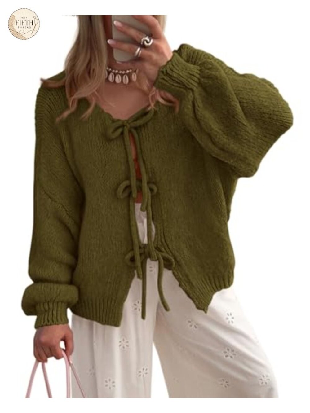 Tie Front Bow Cardigan Sweater Cable Knit Puff Sleeve Women's